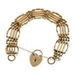 9ct gold gate link bracelet with heart shaped padlock, 23.3g gross approx