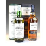 Bottle of Laphroaig 10 years old Islay single malt Scotch whisky plus Glenlivet 18 yrs