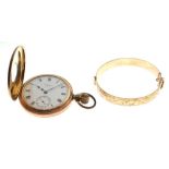 Gold-plated Waltham USA half-hunter pocket watch, together with a 9ct metal core bangle