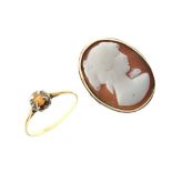 9ct gold cameo set ring, together with an '18ct' topaz set ring