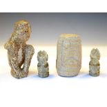 Pre-Columbian seated figure, stone figure, and two small soapstone figures (4)