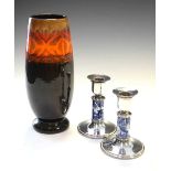 Poole pottery 'Aegean' vase, together with a pair of plated candlesticks