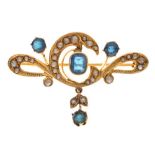 Edwardian-style seed pearl and blue stone brooch, stamped '9ct'