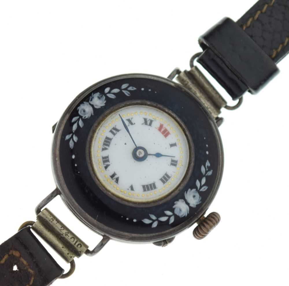 Lady's silver-cased wristwatch with enamel bezel