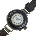 Lady's silver-cased wristwatch with enamel bezel