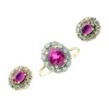 Yellow metal, ruby, and diamond cluster ring, and matching earrings