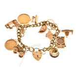 9ct gold charm bracelet incorporating 1886 gold Sovereign & 1900 half-Sovereign