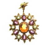 9ct gold brooch/pendant, set three colours of gems