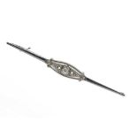 Diamond set white metal bar brooch, stamped '585'