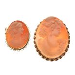 Two 20th Century 9ct gold cameo brooches