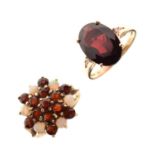 9ct gold garnet and opal dress ring, size M½, and another garnet dress ring