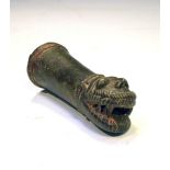 Indian bronze palanquin pole handle modelled as the head of a tiger