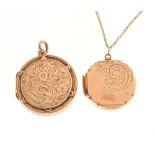 Two yellow metal lockets, the circular locket on a chain stamped '15c', the other chain stamped '9c'