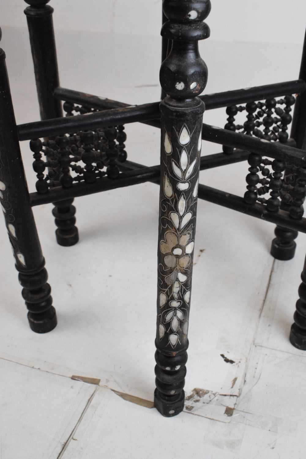 Ebonised and inlaid brass top Benares style table - Image 3 of 14