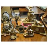 Quantity of gilt and brass mantel clocks, etc