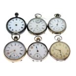 Four silver cased pocket watches, together with two gun metal cased examples
