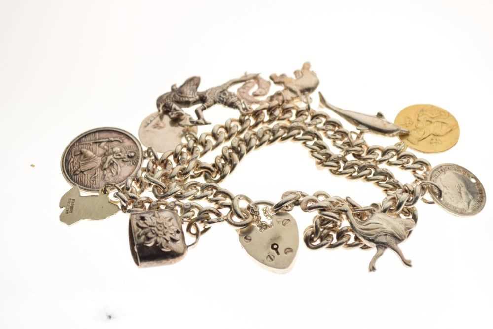 Silver double-link charm bracelet, attached various charms, and a silver hinged bangle - Image 3 of 6