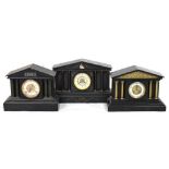 Two black slate temple clocks and one metal cased temple clock