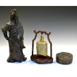 Chinese bronze figure, together with a reproduction bell and Japanese box (3)