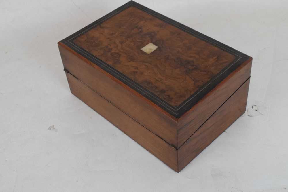Brass bound rosewood campaign box, walnut writing box, and parquetry inlaid box - Image 7 of 16