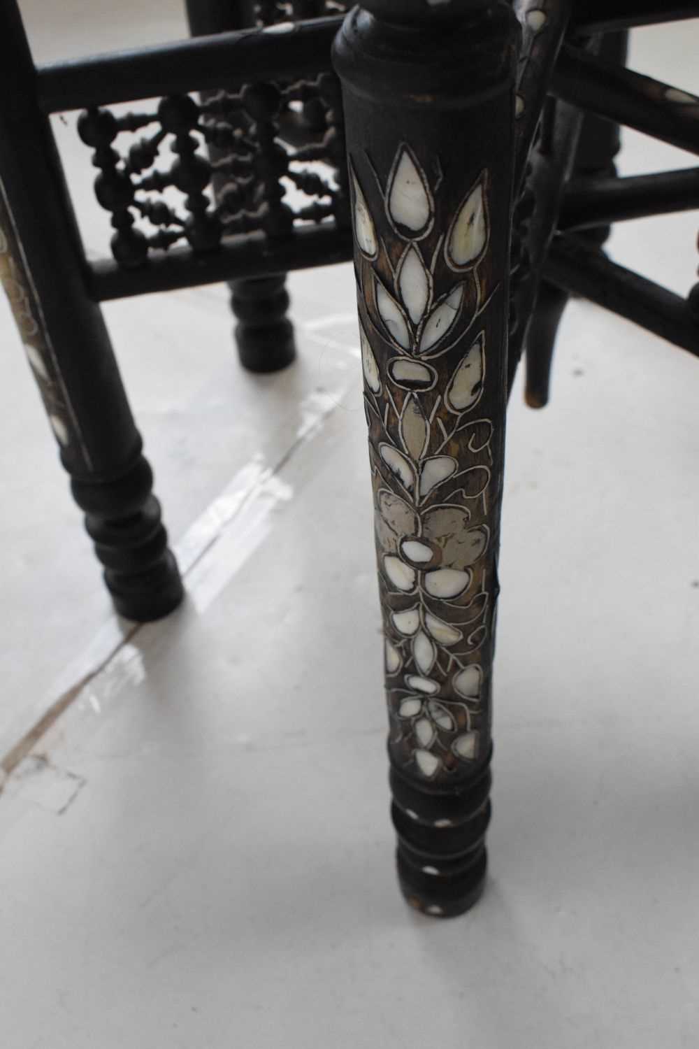 Ebonised and inlaid brass top Benares style table - Image 7 of 14