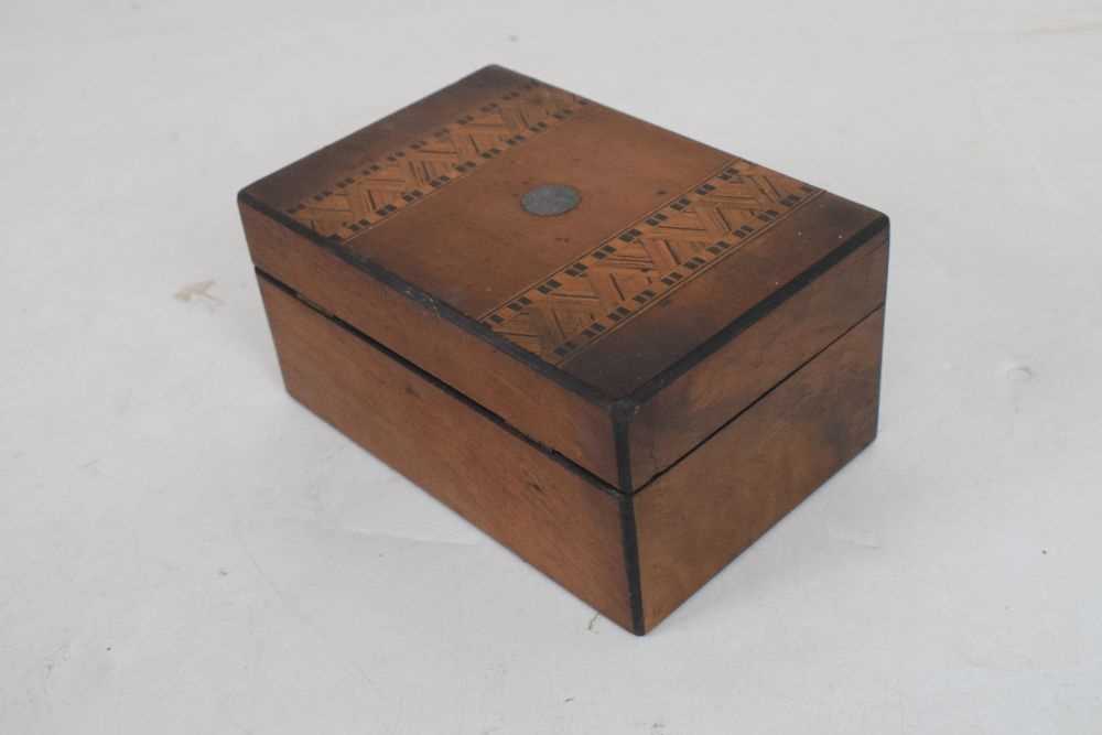 Brass bound rosewood campaign box, walnut writing box, and parquetry inlaid box - Image 16 of 16