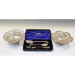 Two silver bonbon dishes, together with an early 20th Century cased christening set,