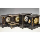 Three black finish temple-cased mantel clocks, etc