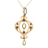 Edwardian-style seed pearl and peridot set pendant, stamped '9ct'