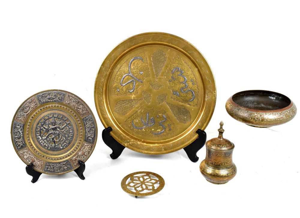 Cairo/ Egyptian ware brass tray, 39.5cm diameter, together with Thai dish, bowl, etc