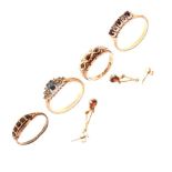 9ct gold gypsy set ring, three dress rings, and a pair of 9ct gold drop earrings