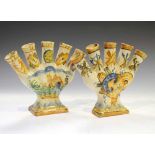 Pair of Continental faience five-neck tulip vases (damaged)