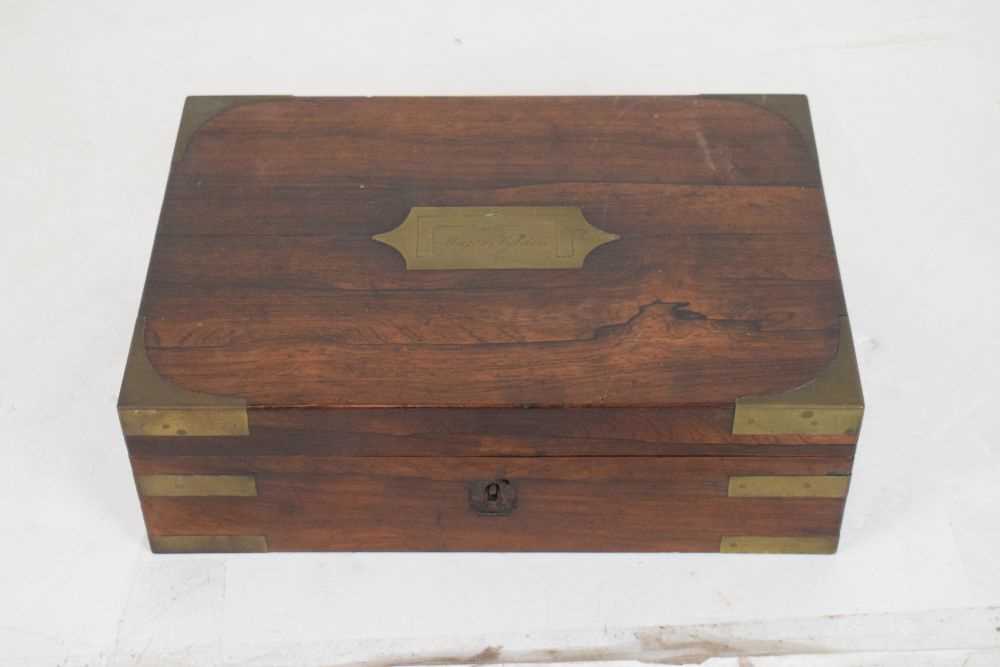 Brass bound rosewood campaign box, walnut writing box, and parquetry inlaid box - Image 8 of 16