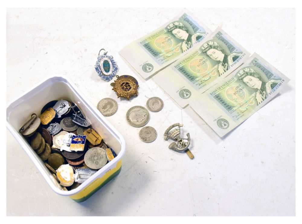 Quantity of silver and other coinage and lapel badges