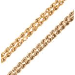 Two 9ct gold rope-link necklaces (one a/f), 34g gross approx