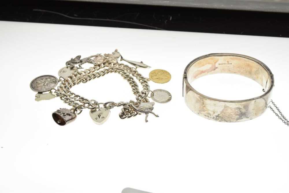 Silver double-link charm bracelet, attached various charms, and a silver hinged bangle - Image 2 of 6