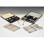 Victorian cased sets of silver teaspoons with tongs, together with a later one, etc.