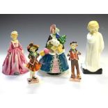 Three Royal Doulton Figures, together with two Royal Worcester figure