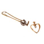 9ct gold diamond set heart-shaped pendant, and an unmarked yellow metal bar brooch