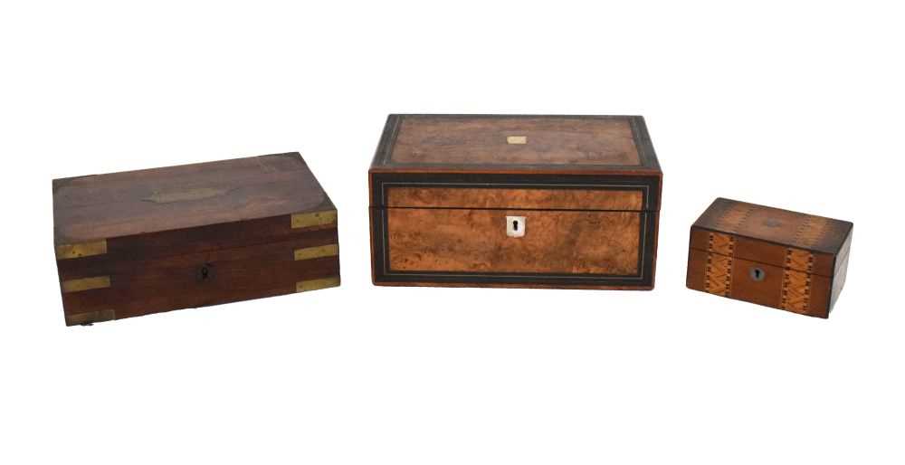 Brass bound rosewood campaign box, walnut writing box, and parquetry inlaid box