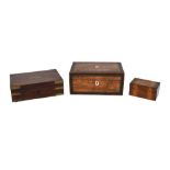 Brass bound rosewood campaign box, walnut writing box, and parquetry inlaid box