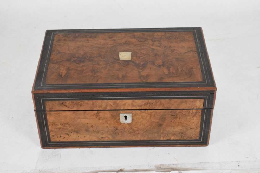 Brass bound rosewood campaign box, walnut writing box, and parquetry inlaid box - Image 2 of 16