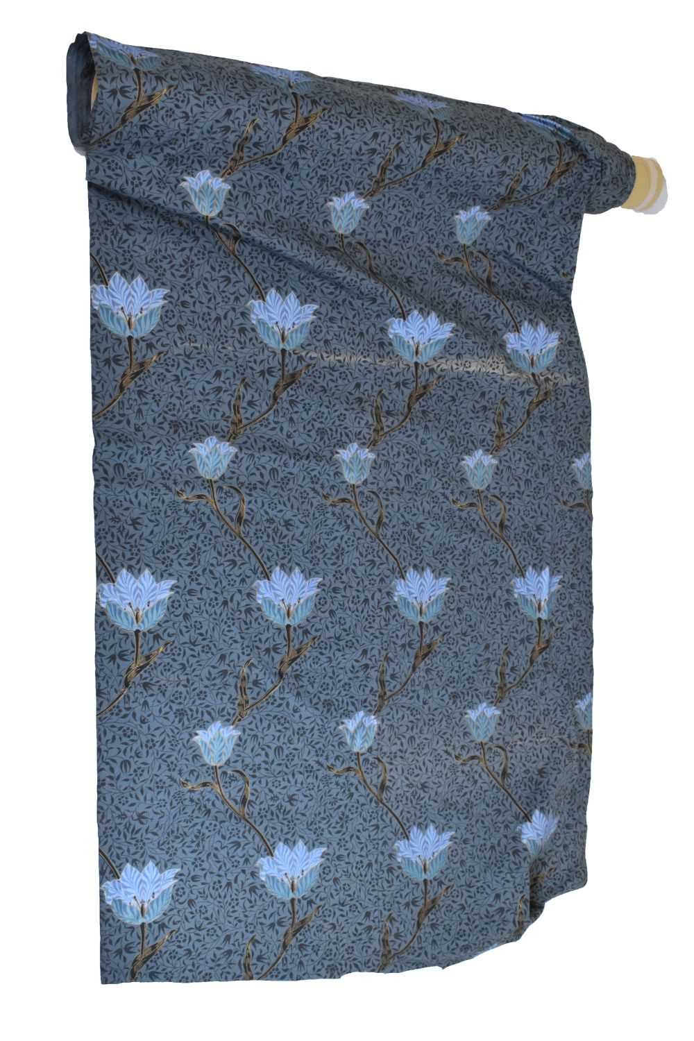 10 metre length of printed fabric with tulip decoration on a blue/grey ground