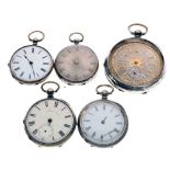 Five various silver, white metal and unmarked pocket and fob watches