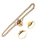 9ct gold curb-link bracelet, together with an Edwardian 18ct gold ring, and a signet ring (3)