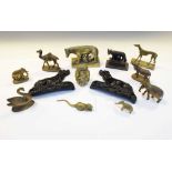 Group of brass animals, pair iron dogs, doorstops, etc