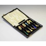 Cased set of six Norwegian silver gilt and enamel spoons, stamped J.Tostrup