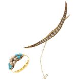 Victorian seed pearl and turquoise ring, and a seed pearl set bow brooch, 4.5g gross approx (2)