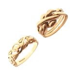 9ct gold puzzle ring, and 9ct gold scroll design ring (2)