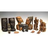 Group of African carved wooden figures, etc.